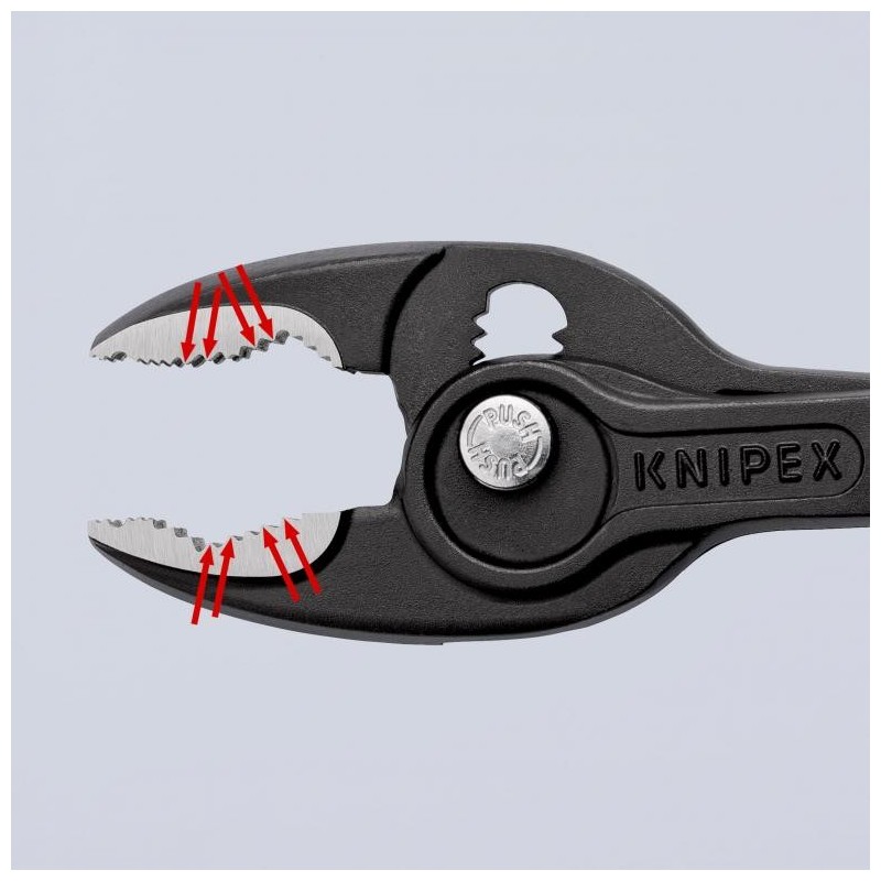 Unieke combinatie: voorgrijp- en zijgrijpfunctie, doorgestoken scharnier, drukknopverstelling